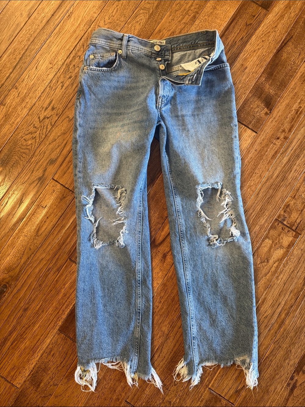 We The Free- Light Blue Distressed Ripped Knee Straight Jeans